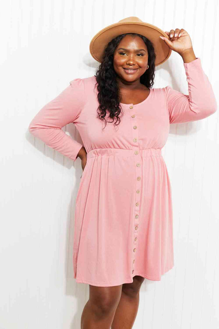 Plus Size Button Front Elastic Waist Long Sleeve Dress