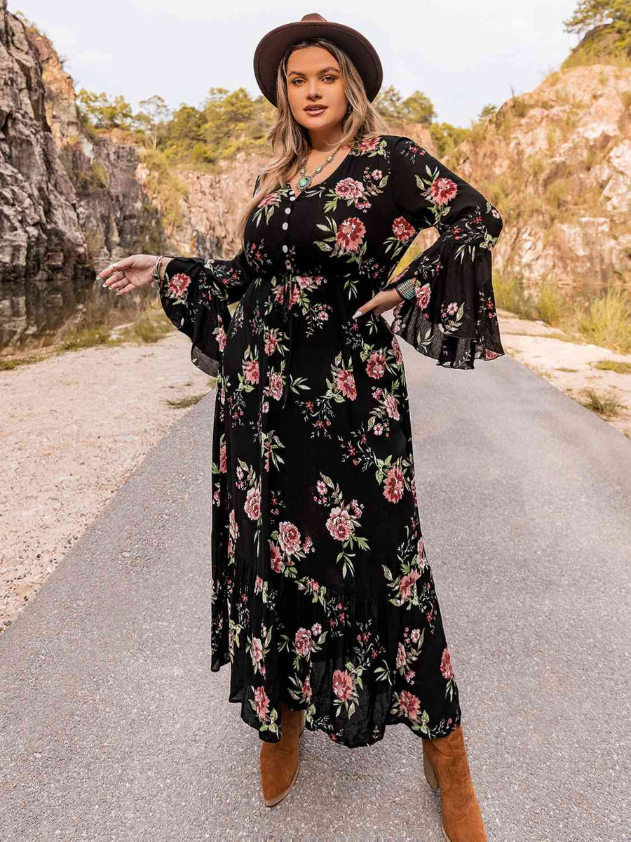 Wholesale MOQ6 Plus Size Floral Flare Sleeve Dress Wholesale MOQ6 Plus Size Floral Flare Sleeve Dress