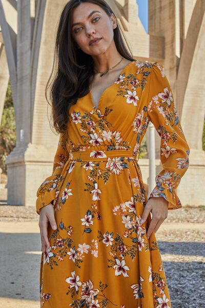 Double Take Full Size Floral Tie Back Flounce Sleeve Dress