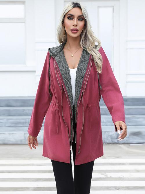 Zip Up Drawstring Hooded Trench Coat