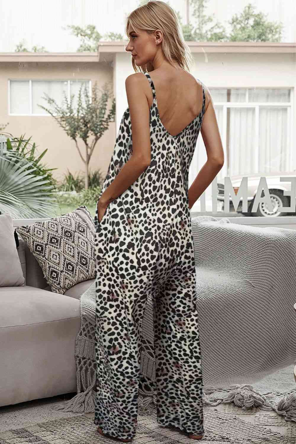 Animal Print Spaghetti Strap Jumpsuit with Pockets