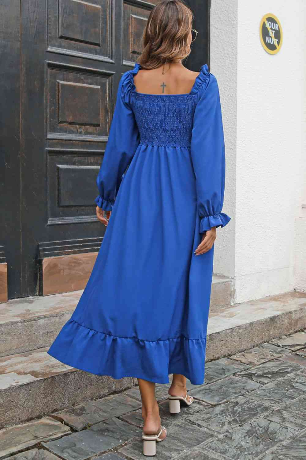 Smocked Ruffle Hem Flounce Sleeve Dress