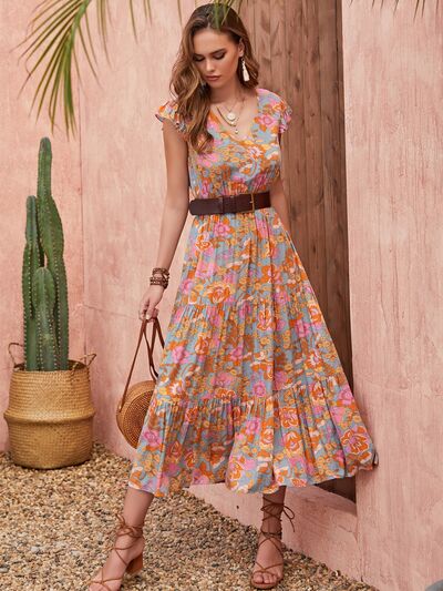 Ruffled Printed V-Neck Cap Sleeve Tiered Dress