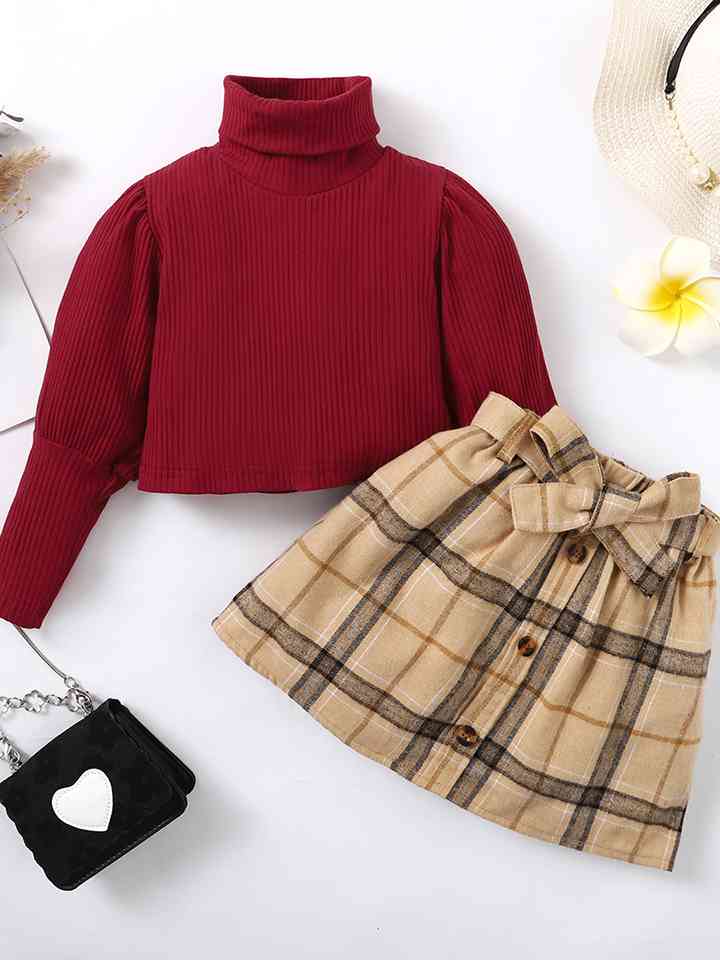 Turtle Neck Long Sleeve Ribbed Top and Plaid Skirt Set