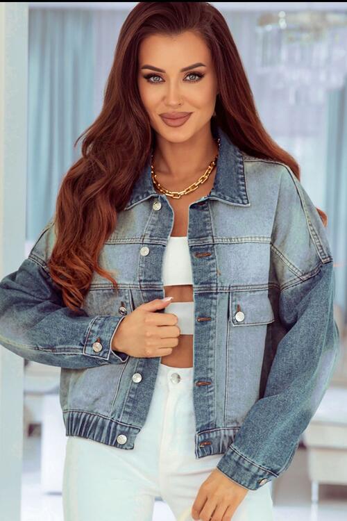 Button Up Collared Neck Denim Jacket