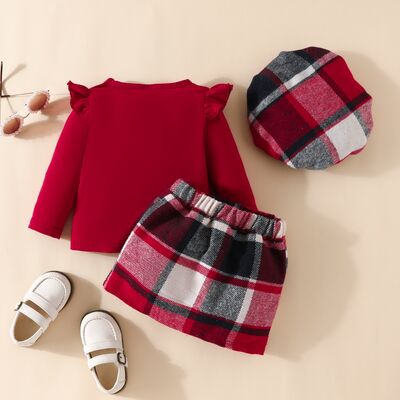Letter Graphic Ruffle Trim Top and Plaid Skirt