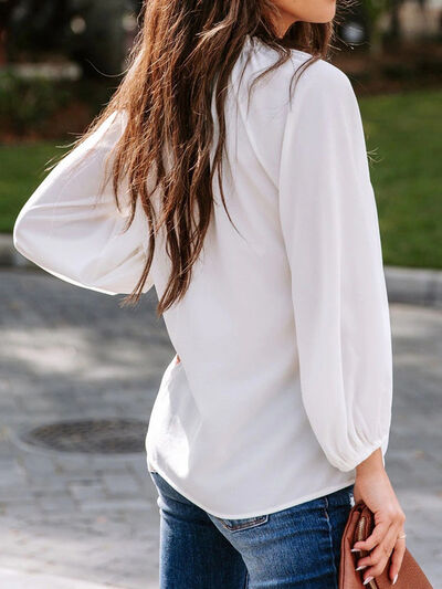 Ruched Notched Balloon Sleeve Blouse