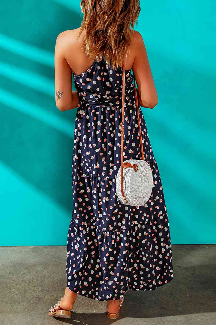 Polka Dot Belted Sleeveless Tiered Maxi Dress