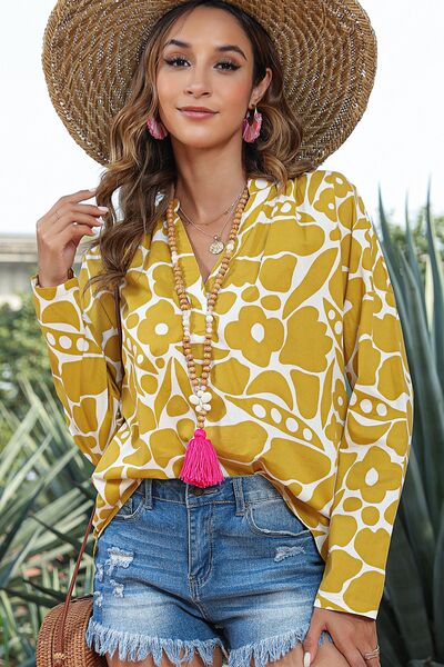 Printed Notched Long Sleeve Blouse