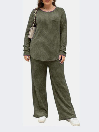 Plus Size Round Neck Long Sleeve Top and Pants Set