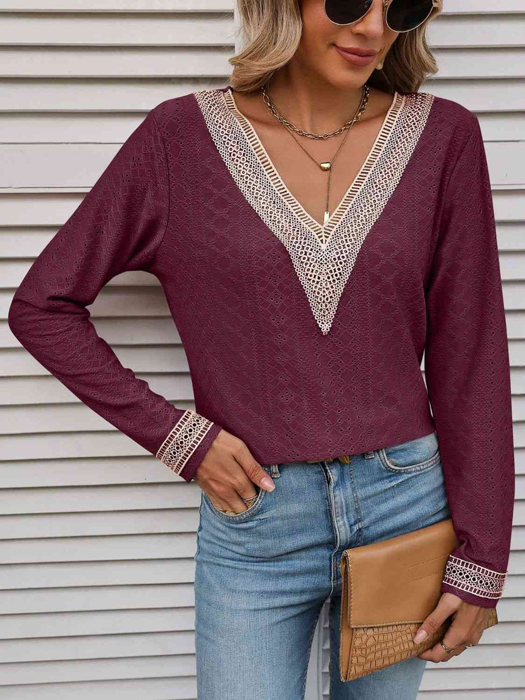 Double Take Contrast V-Neck Eyelet Long Sleeve Top