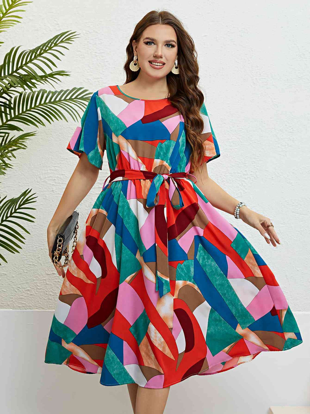 Plus Size Printed Round Neck Tie Belt Dress