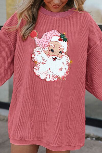 Ribbed Santa Graphic Round Neck Sweatshirt