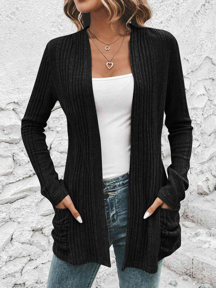 Ribbed Open Front Cardigan with Pockets