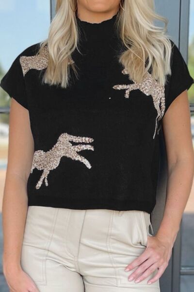 Animal Graphic Mock Neck Cap Sleeve Sweater