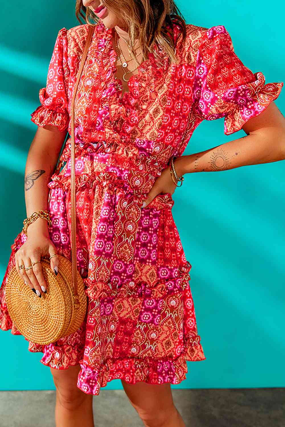 Printed Frill Trim Cutout Mini Dress