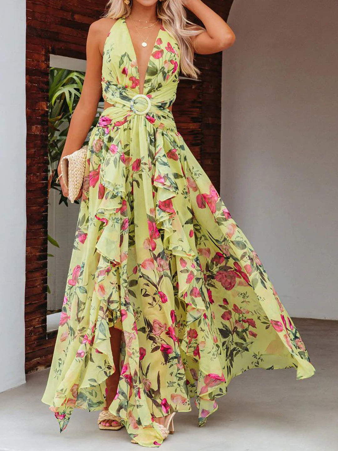 Backless Printed Plunge Sleeveless Dress