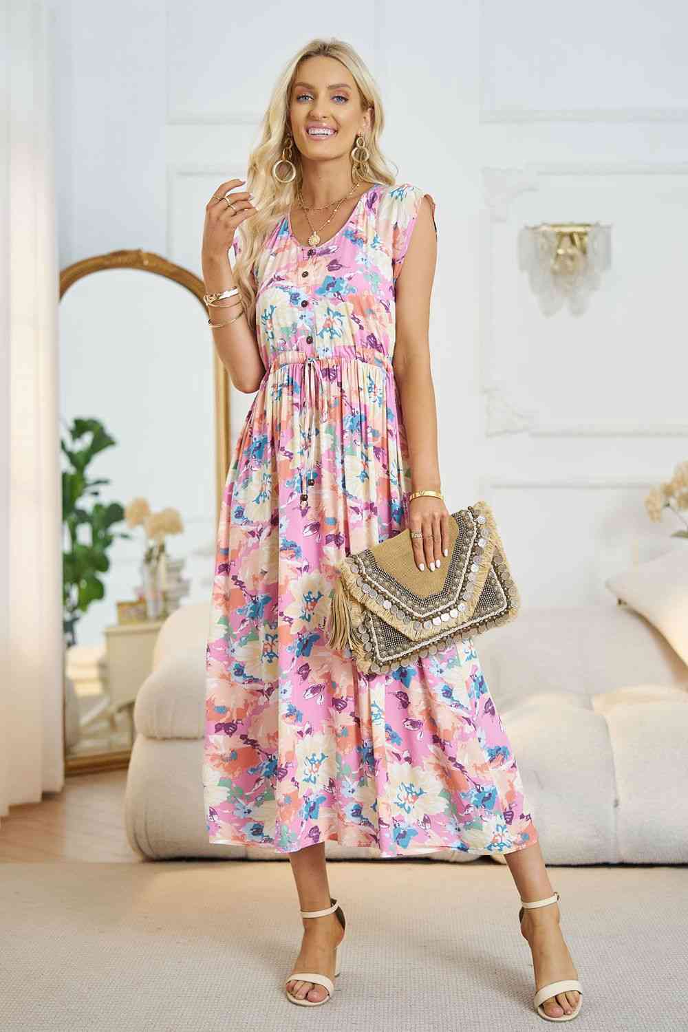 Floral V-Neck A-Line Midi Dress