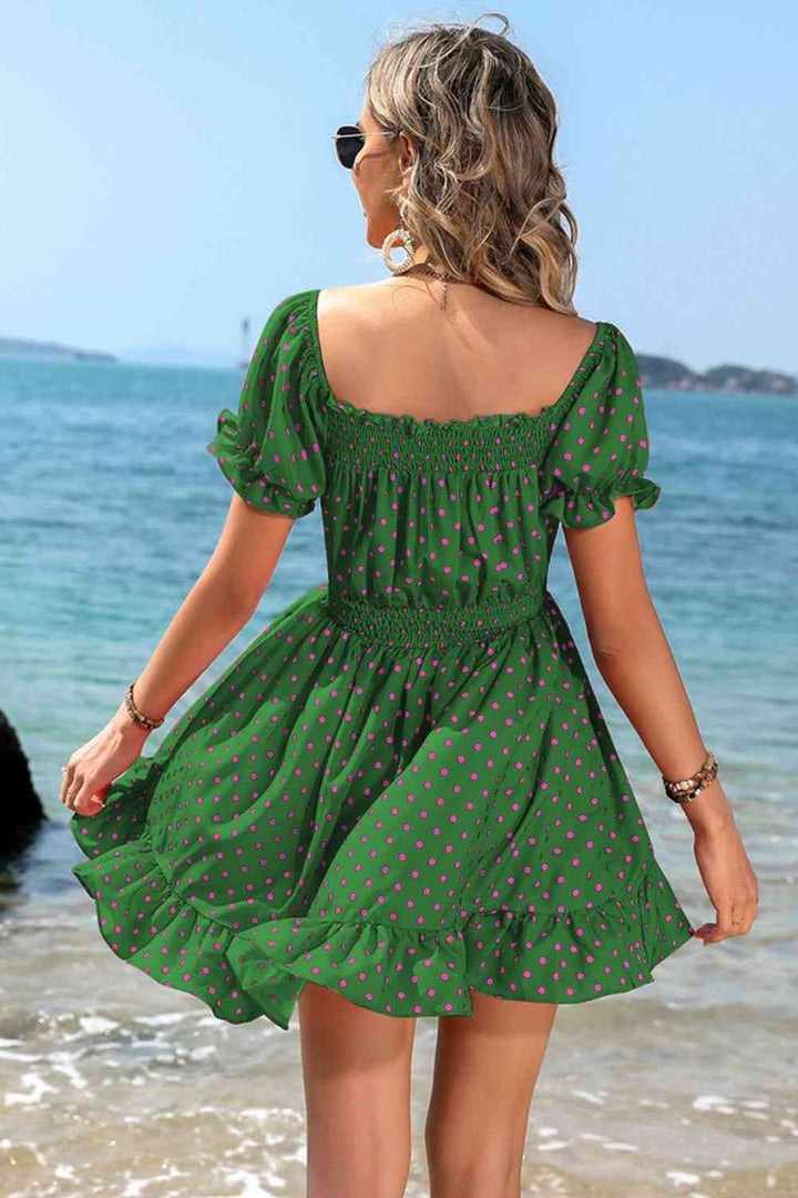 Polka Dot Square Neck Smocked Waist Dress