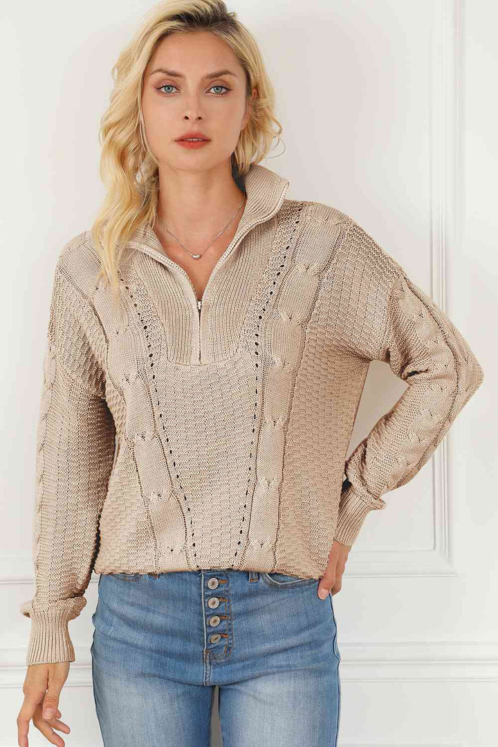 Cable-Knit Half Zip Long Sleeve Sweater