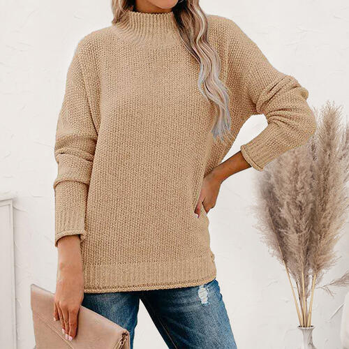 Mock Neck Dropped Shoulder Long Sleeve Sweater