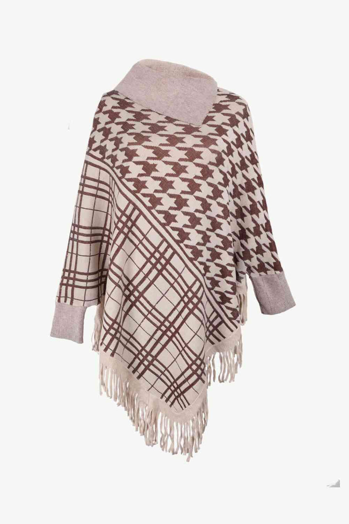 Houndstooth Turtleneck Fringe Hem Poncho