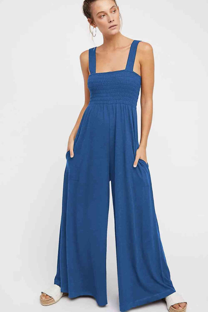 Smocked Square Neck Wide Leg Jumpsuit with Pockets