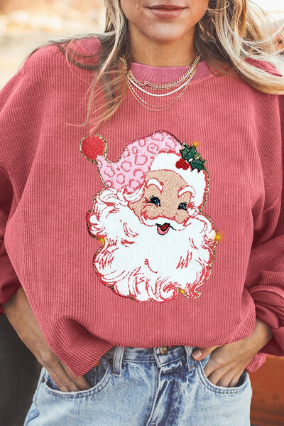 Ribbed Santa Graphic Round Neck Sweatshirt