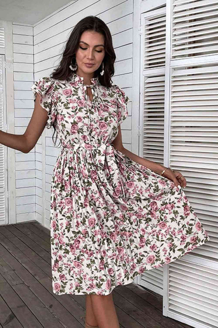 Floral Tie-Neck Flutter Sleeve Midi Dress