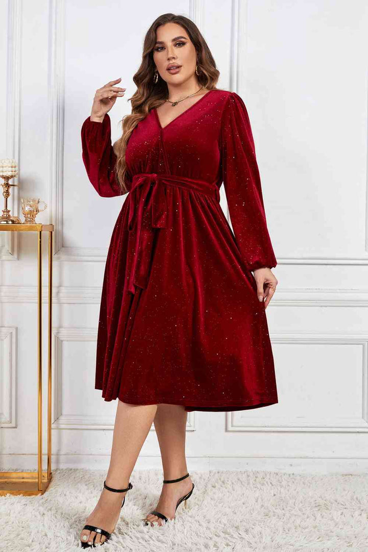 Melo Apparel Plus Size Surplice Neck Balloon Sleeve Tie Belt Midi Dress