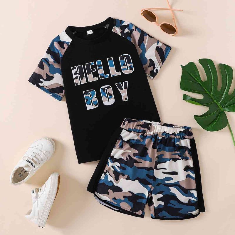 HELLO BOY Graphic Tee and Camouflage Shorts Set