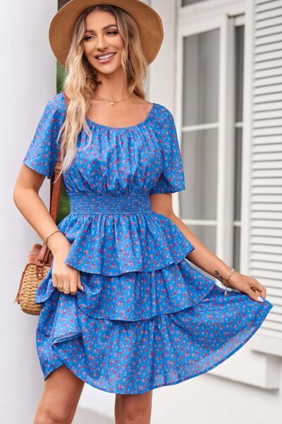 Floral Smocked Short Sleeve Layered Dress