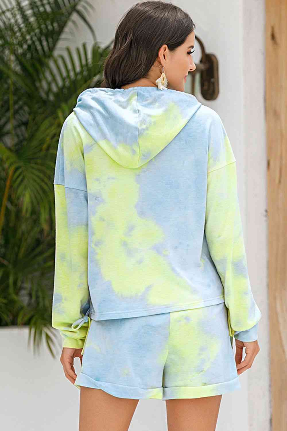 Tie-Dye Drawstring Hoodie and Shorts Set