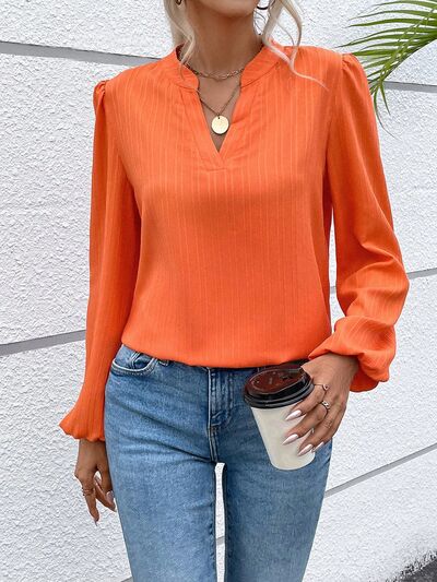 Notched Balloon Sleeve Blouse