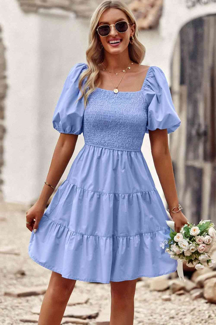 Balloon Sleeve Square Neck Smocked Midi Dress