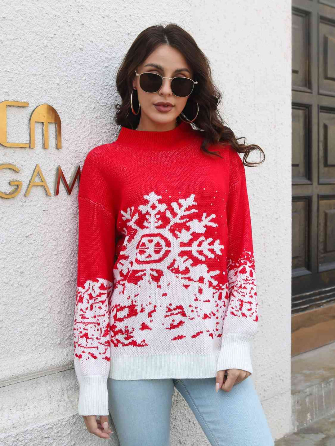 Snowflake Pattern Mock Neck Sweater