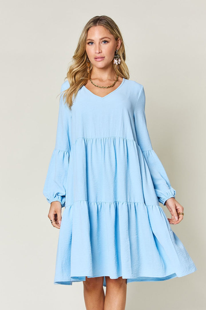 Double Take Full Size V-Neck Balloon Sleeve Tiered Dress