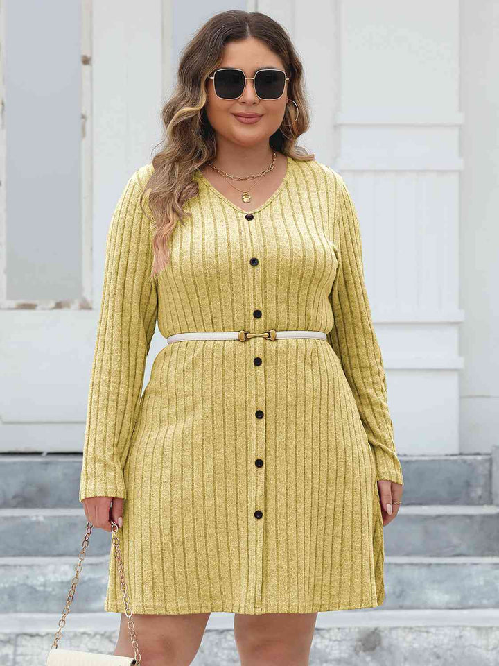 Plus Size Ribbed Buttoned V-Neck Long Sleeve Dress