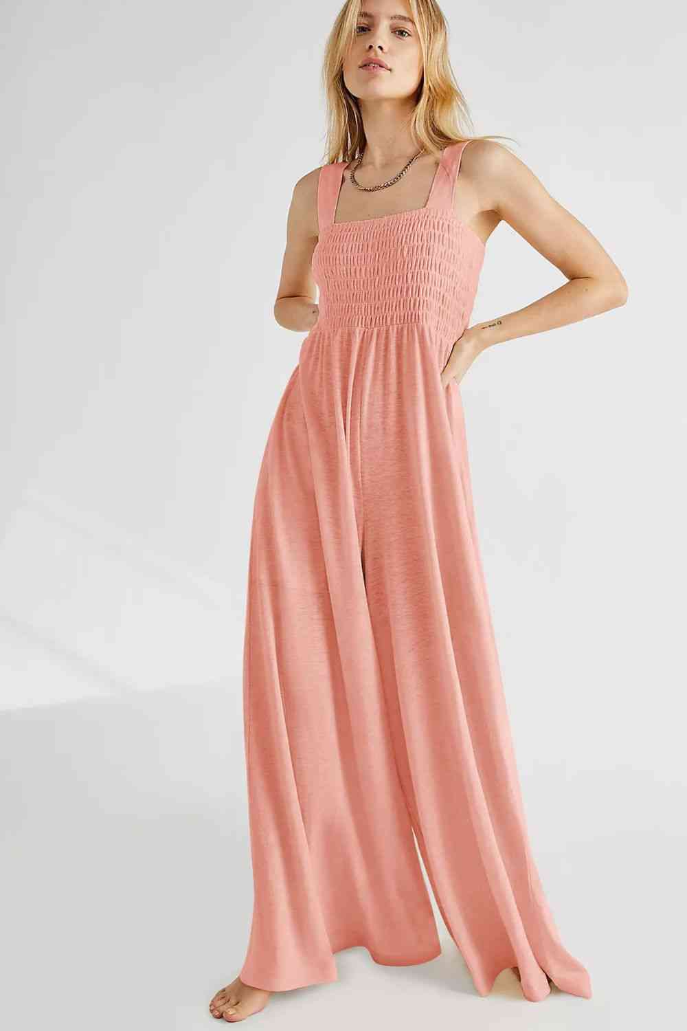 Smocked Square Neck Wide Leg Jumpsuit with Pockets