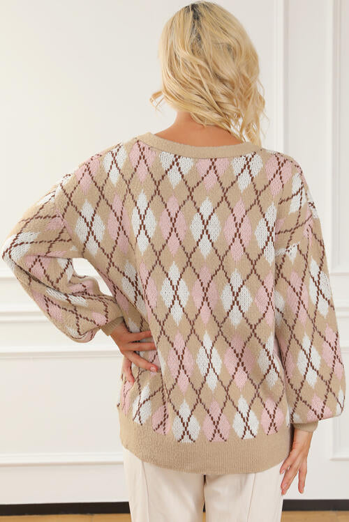 Button Up Geometric Dropped Shoulder Cardigan