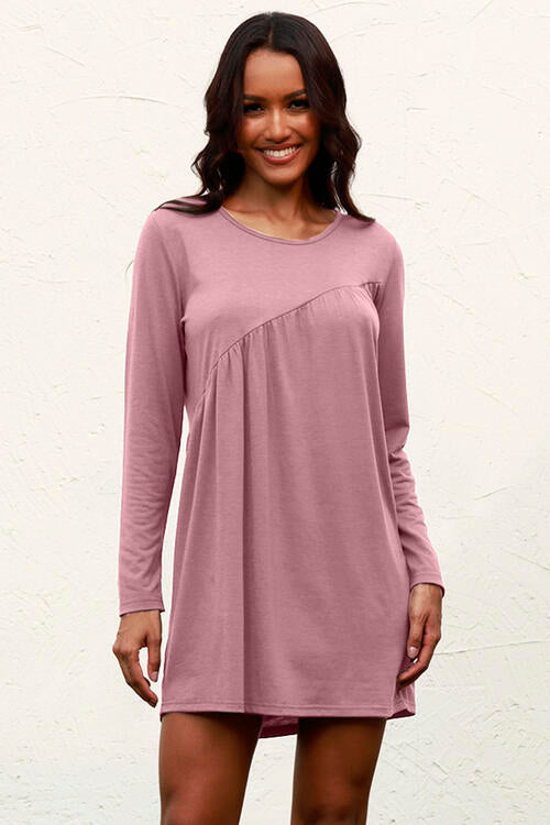 Ruched Round Neck Long Sleeve Dress