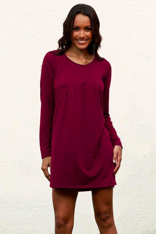 Ruched Round Neck Long Sleeve Dress